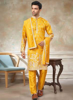 Yellow pure silk with embroidery work kurta pajama with dupatta menswear collection 1