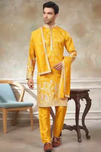 Yellow pure silk with embroidery work kurta pajama with dupatta menswear collection