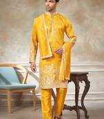Yellow pure silk with embroidery work kurta pajama with dupatta menswear collection