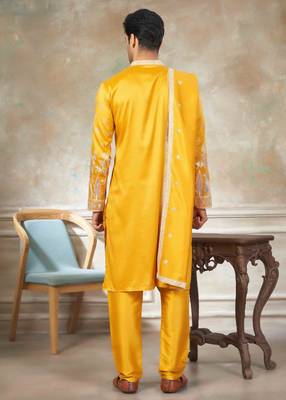 Yellow pure silk with embroidery work kurta pajama with dupatta menswear collection 2
