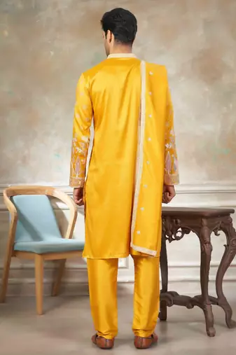 Yellow pure silk with embroidery work kurta pajama with dupatta menswear collection