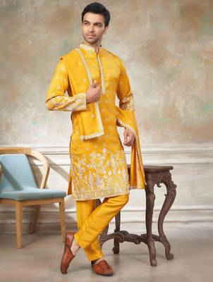 Yellow pure silk with embroidery work kurta pajama with dupatta menswear collection 3