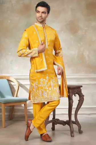 Yellow pure silk with embroidery work kurta pajama with dupatta menswear collection