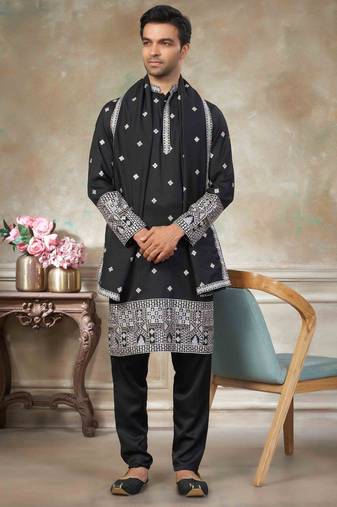 Black pure silk with embroidery work kurta pajama with dupatta menswear collection