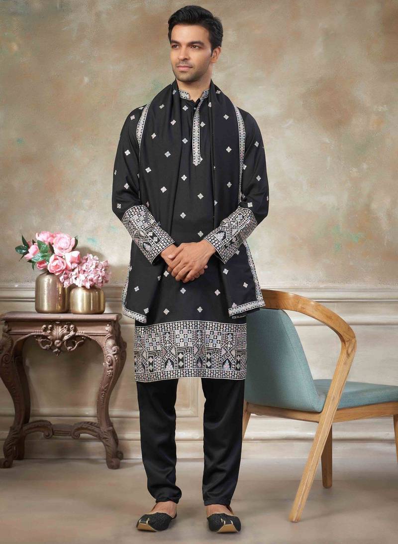 Black pure silk with embroidery work kurta pajama with dupatta menswear collection