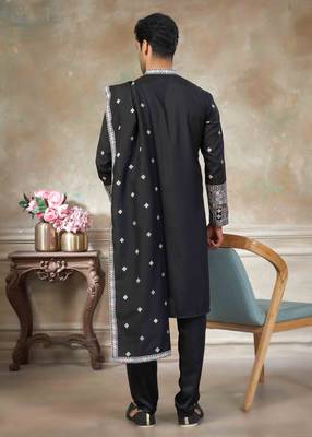 Black silk with embroidery work kurta pajama with dupatta menswear  2