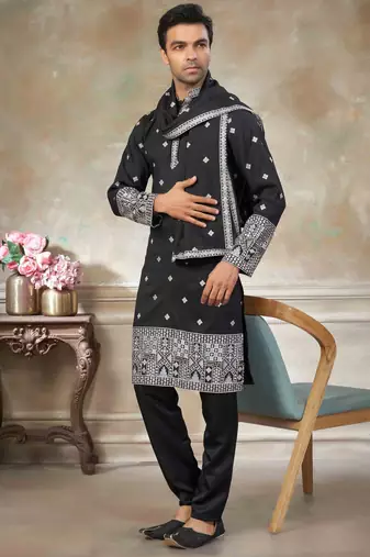 Black pure silk with embroidery work kurta pajama with dupatta menswear collection