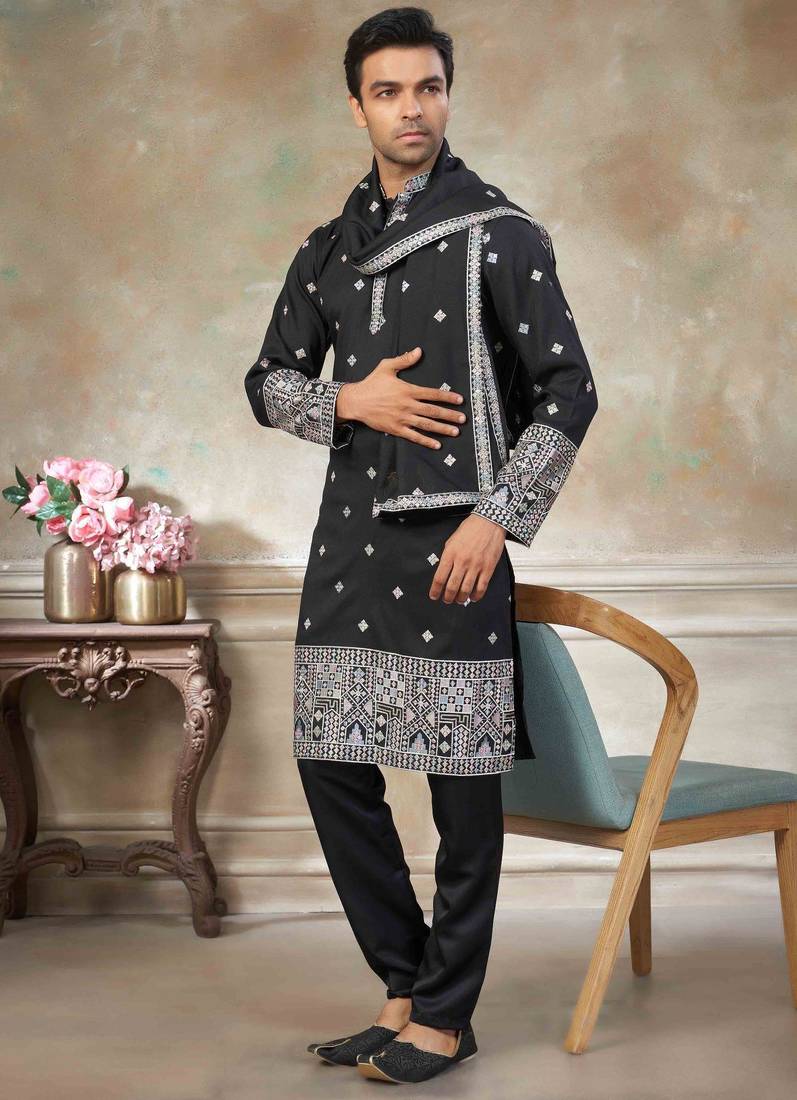 Black pure silk with embroidery work kurta pajama with dupatta menswear collection