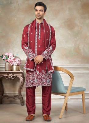 Red pure silk with embroidery work kurta pajama with dupatta menswear collection 1