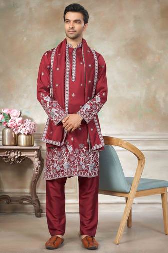 Red pure silk with embroidery work kurta pajama with dupatta menswear collection