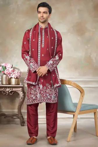 Red pure silk with embroidery work kurta pajama with dupatta menswear collection