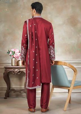 Red pure silk with embroidery work kurta pajama with dupatta menswear collection 2