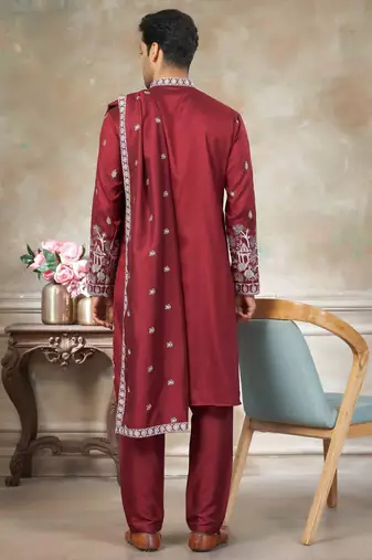 Red pure silk with embroidery work kurta pajama with dupatta menswear collection