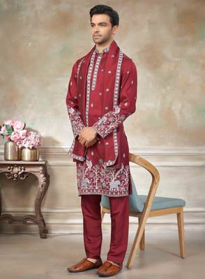 Red pure silk with embroidery work kurta pajama with dupatta menswear collection 3