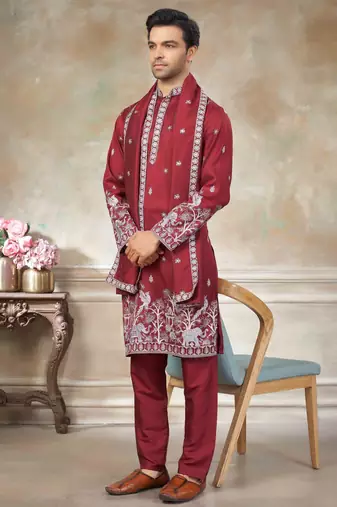 Red pure silk with embroidery work kurta pajama with dupatta menswear collection