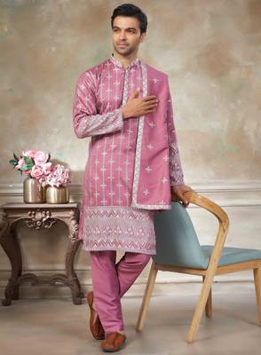Pink pure silk with embroidery work kurta pajama with dupatta menswear collection 1
