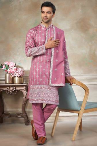 Pink pure silk with embroidery work kurta pajama with dupatta menswear collection