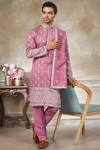 Pink pure silk with embroidery work kurta pajama with dupatta menswear collection