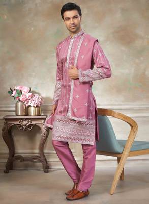 Pink pure silk with embroidery work kurta pajama with dupatta menswear collection 3