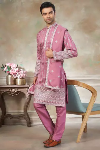 Pink pure silk with embroidery work kurta pajama with dupatta menswear collection