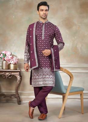 Purple pure silk with embroidery work kurta pajama with dupatta menswear collection 1