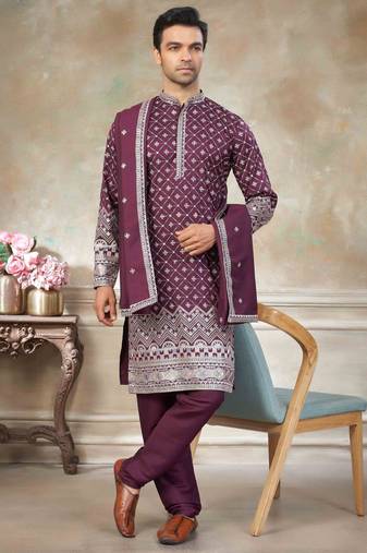Purple pure silk with embroidery work kurta pajama with dupatta menswear collection