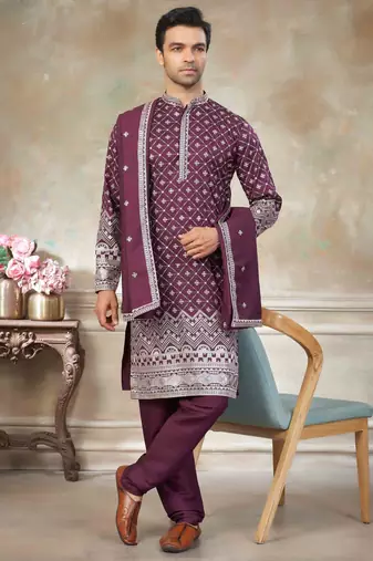 Purple pure silk with embroidery work kurta pajama with dupatta menswear collection