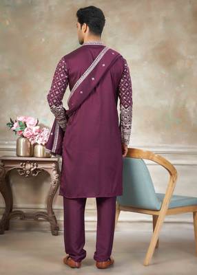 Purple pure silk with embroidery work kurta pajama with dupatta menswear collection 2