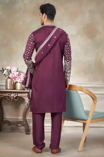 Purple pure silk with embroidery work kurta pajama with dupatta menswear collection