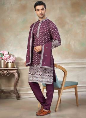Purple pure silk with embroidery work kurta pajama with dupatta menswear collection 3