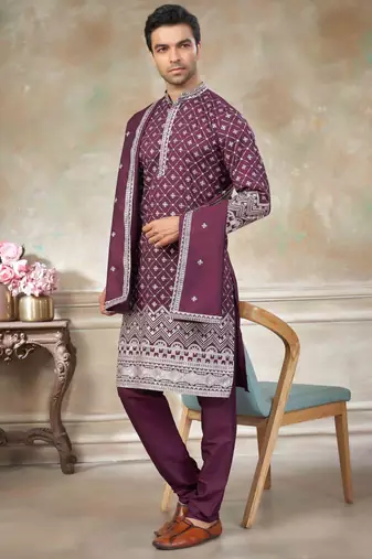 Purple pure silk with embroidery work kurta pajama with dupatta menswear collection