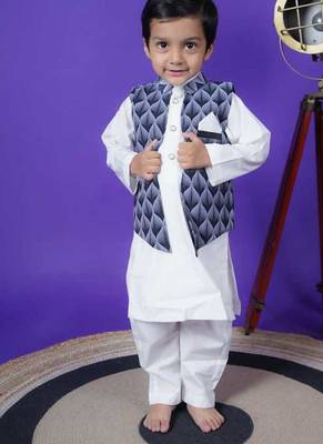 black printed jacket white kurta pant set for boys 1