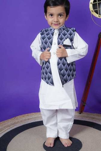 black printed jacket white kurta pant set for boys