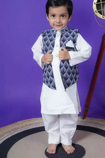 black printed jacket white kurta pant set for boys