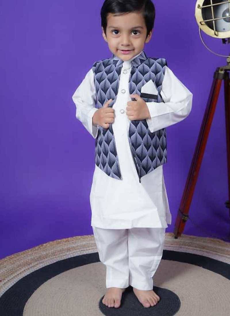 black printed jacket white kurta pant set for boys
