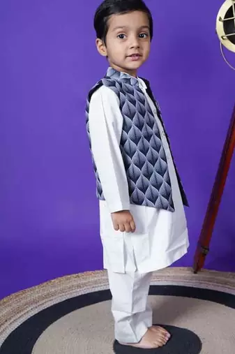 black printed jacket white kurta pant set for boys
