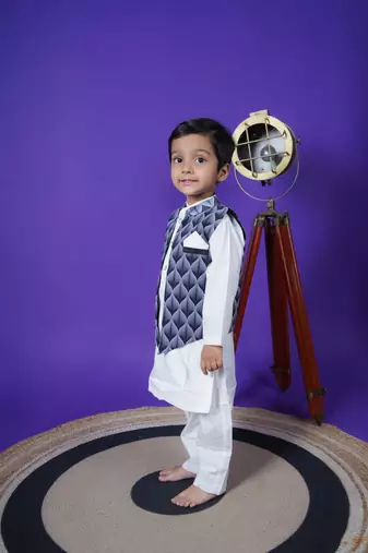 black printed jacket white kurta pant set for boys