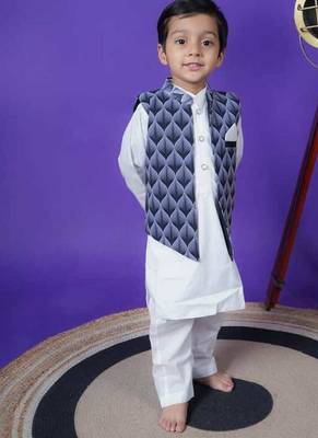 black printed jacket white kurta pant set for boys 4