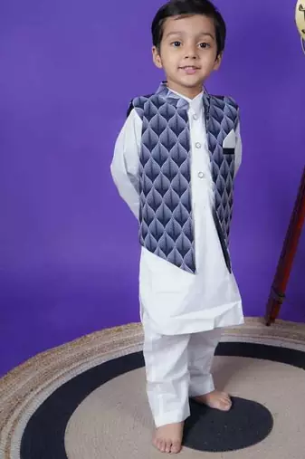 black printed jacket white kurta pant set for boys