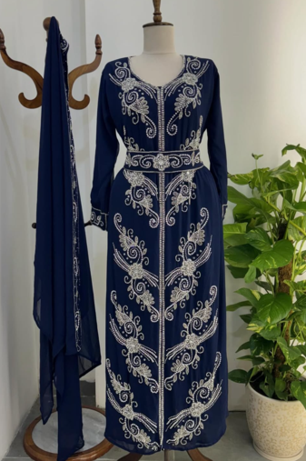 Elegant Navy Blue Hand Embroidered Stitched Kaftan with Belt and Dupatta | Suited for all occasion