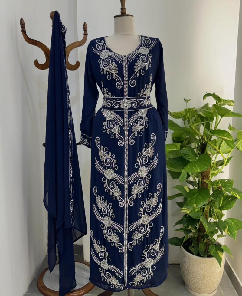Elegant Navy Blue Hand Embroidered Stitched Kaftan with Belt and Dupatta | Suited for all occasion