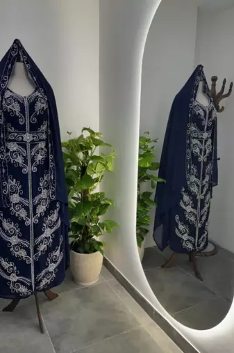 Elegant Navy Blue Hand Embroidered Stitched Kaftan with Belt and Dupatta | Suited for all occasion