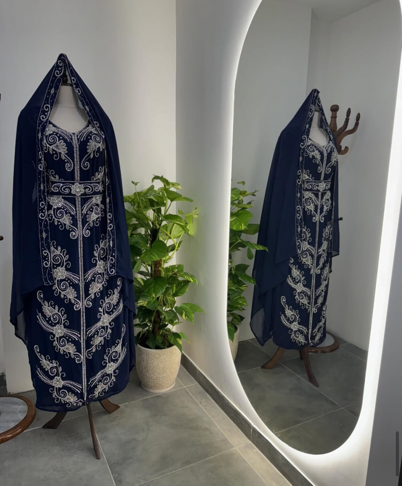 Elegant Navy Blue Hand Embroidered Stitched Kaftan with Belt and Dupatta | Suited for all occasion