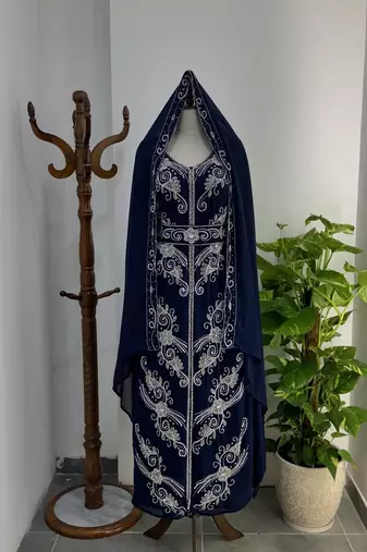 Elegant Navy Blue Hand Embroidered Stitched Kaftan with Belt and Dupatta | Suited for all occasion