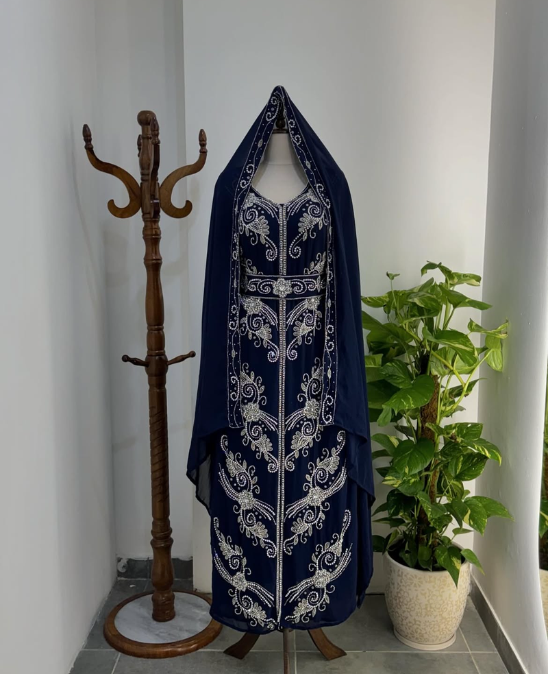 Elegant Navy Blue Hand Embroidered Stitched Kaftan with Belt and Dupatta | Suited for all occasion