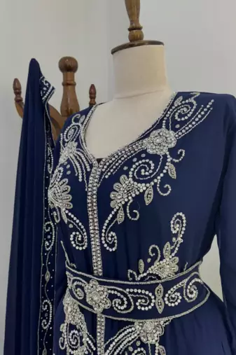 Elegant Navy Blue Hand Embroidered Stitched Kaftan with Belt and Dupatta | Suited for all occasion