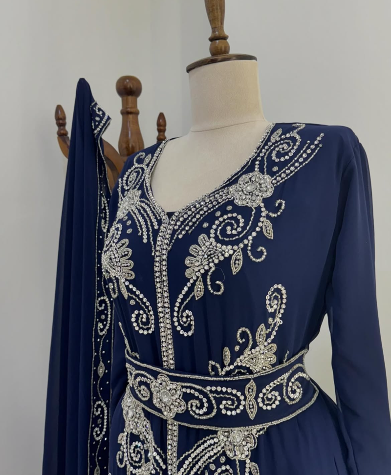 Elegant Navy Blue Hand Embroidered Stitched Kaftan with Belt and Dupatta | Suited for all occasion