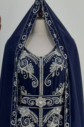 Elegant Navy Blue Hand Embroidered Stitched Kaftan with Belt and Dupatta | Suited for all occasion