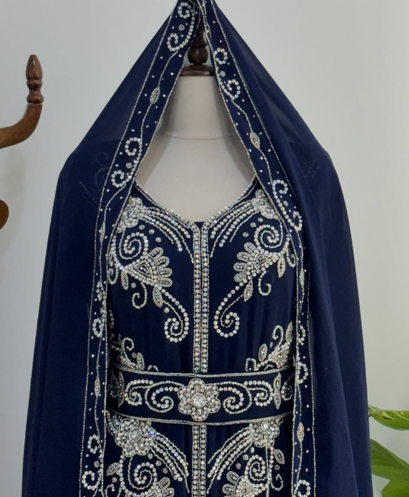 Elegant Navy Blue Hand Embroidered Stitched Kaftan with Belt and Dupatta | Suited for all occasion