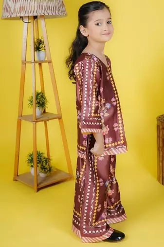 girls multicolor satin kurti sharara set